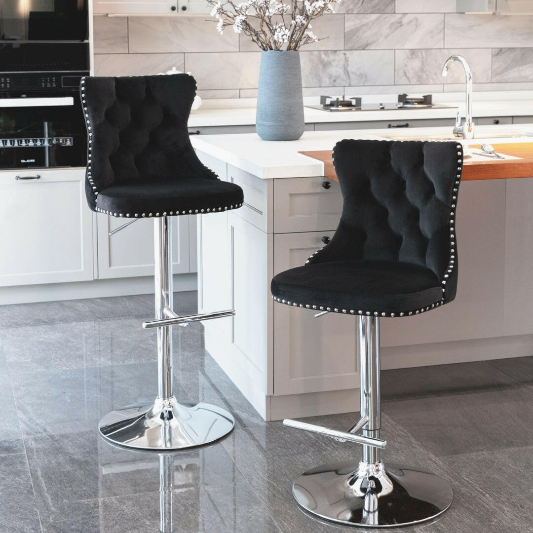 Luxe Velvet Stud Adjustable Bar Stools Chrome & Black (Set of 2) - Barstool Express