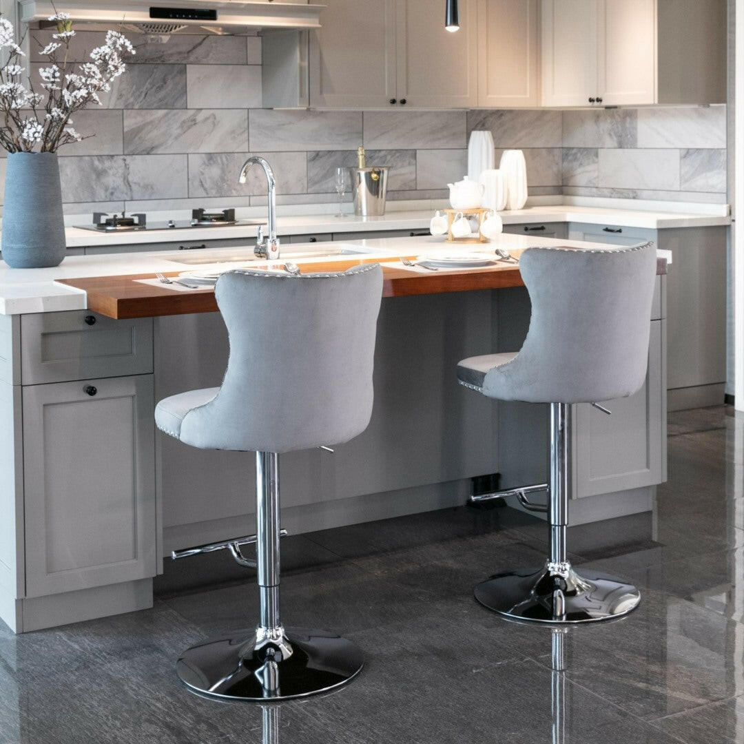 Luxe Velvet Stud Adjustable Bar Stools Chrome & Grey (Set of 2) - Barstool Express