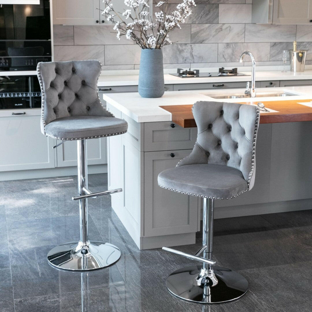 Luxe Velvet Stud Adjustable Bar Stools Chrome & Grey (Set of 2) - Barstool Express
