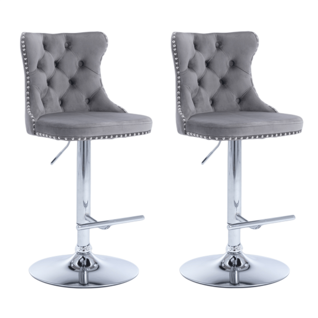Luxe Velvet Stud Adjustable Bar Stools Chrome & Grey (Set of 2) - Barstool Express