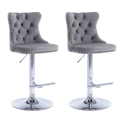 Luxe Velvet Stud Adjustable Bar Stools Chrome & Grey (Set of 2) - Barstool Express