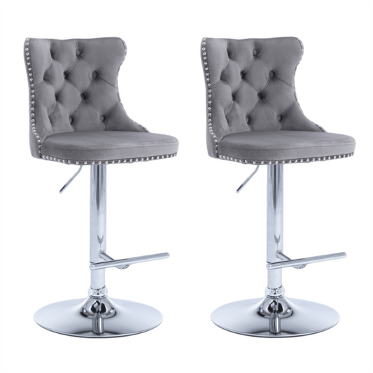 Luxe Velvet Stud Adjustable Bar Stools Chrome & Grey (Set of 2) - Barstool Express