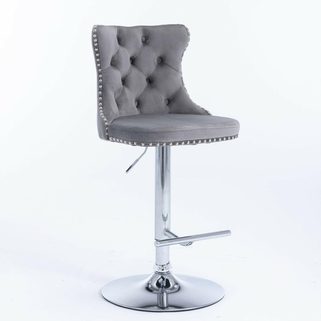 Luxe Velvet Stud Adjustable Bar Stools Chrome & Grey (Set of 2) - Barstool Express