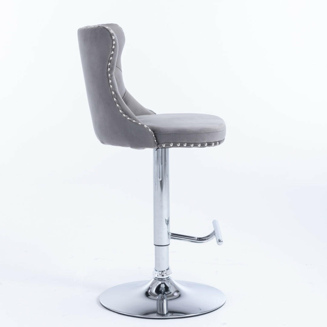 Luxe Velvet Stud Adjustable Bar Stools Chrome & Grey (Set of 2) - Barstool Express