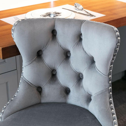 Luxe Velvet Stud Adjustable Bar Stools Chrome & Grey (Set of 2) - Barstool Express