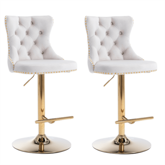 Luxe Velvet Stud Adjustable Bar Stools Gold & Beige (Set of 2) - Barstool Express
