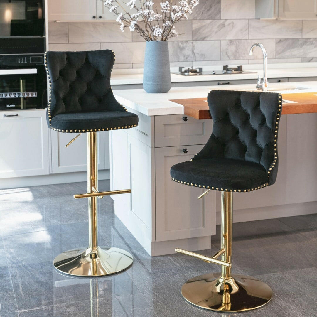 Luxe Velvet Stud Adjustable Bar Stools Gold & Black (Set of 2) - Barstool Express