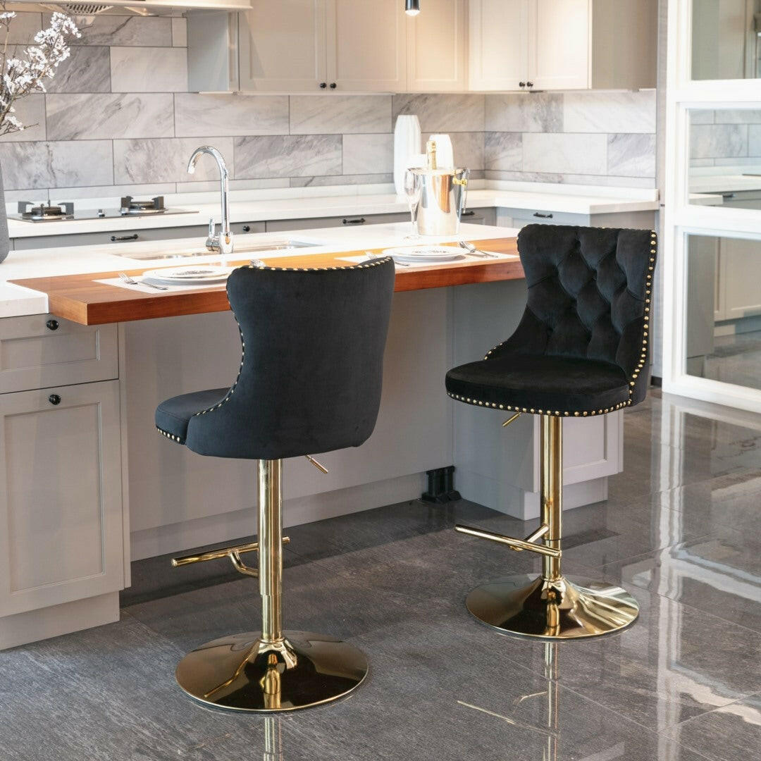 Luxe Velvet Stud Adjustable Bar Stools Gold & Black (Set of 2) - Barstool Express