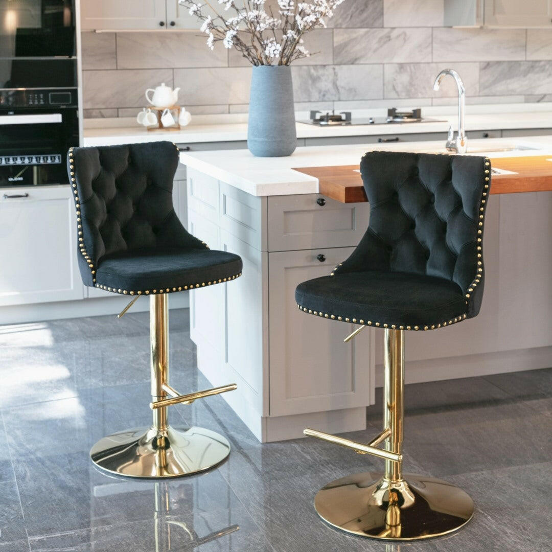 Luxe Velvet Stud Adjustable Bar Stools Gold & Black (Set of 2) - Barstool Express