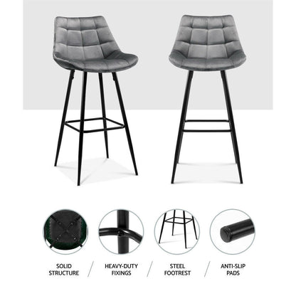 Milla Velvet Bar Stools 76cm Grey (Set of 2) - Barstool Express