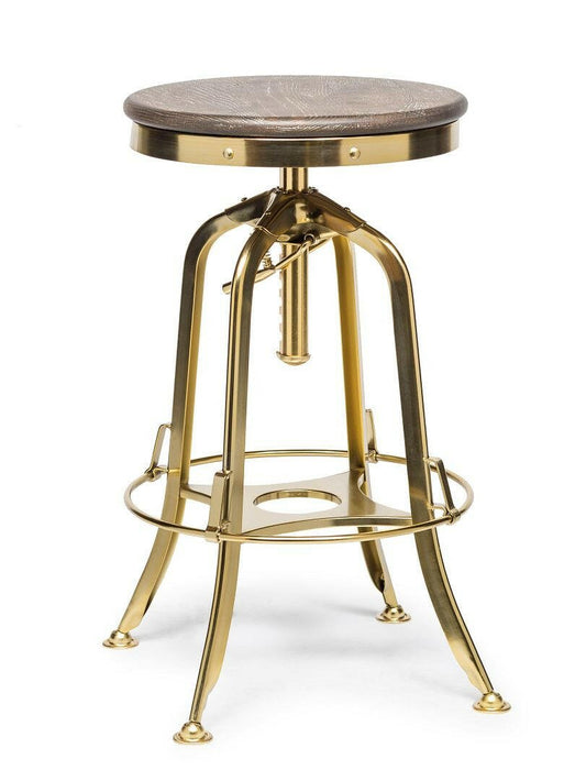 Taj Adjustable Swivel Bar Stool – Gold Base & Oak Wood - Barstool Express