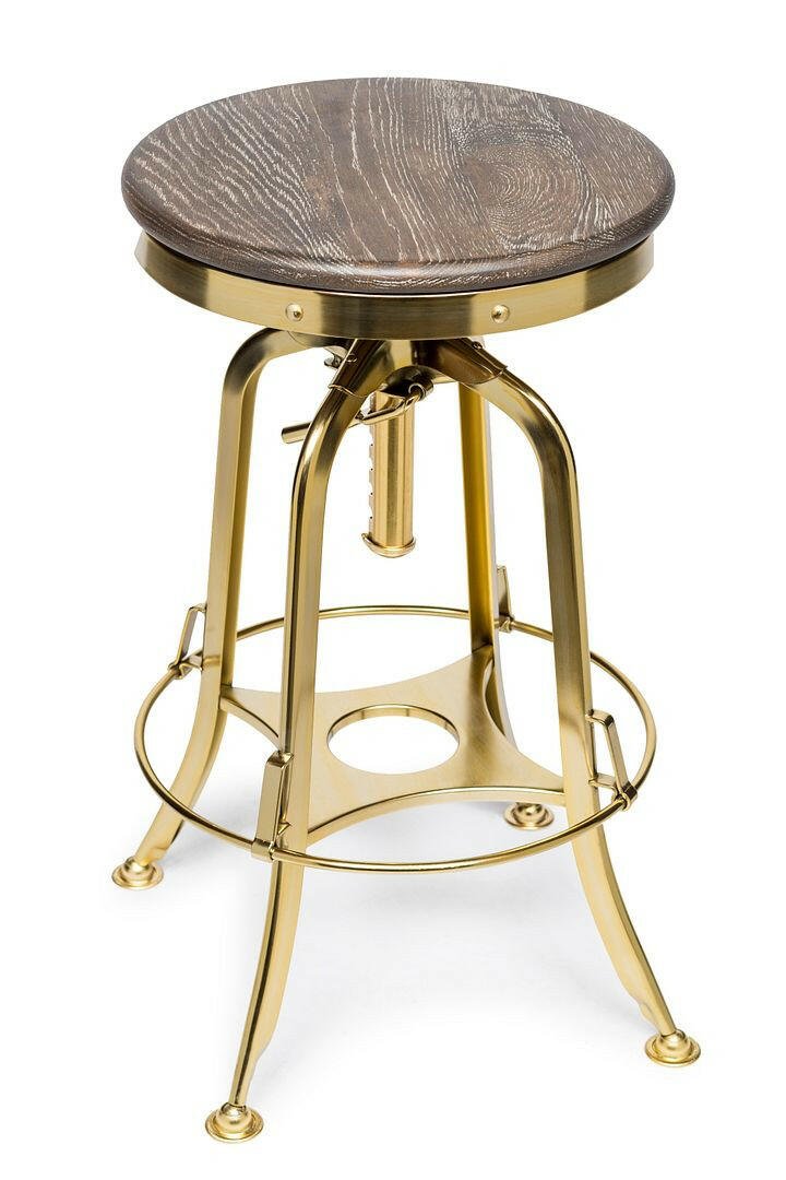 Taj Adjustable Swivel Bar Stool – Gold Base & Oak Wood - Barstool Express