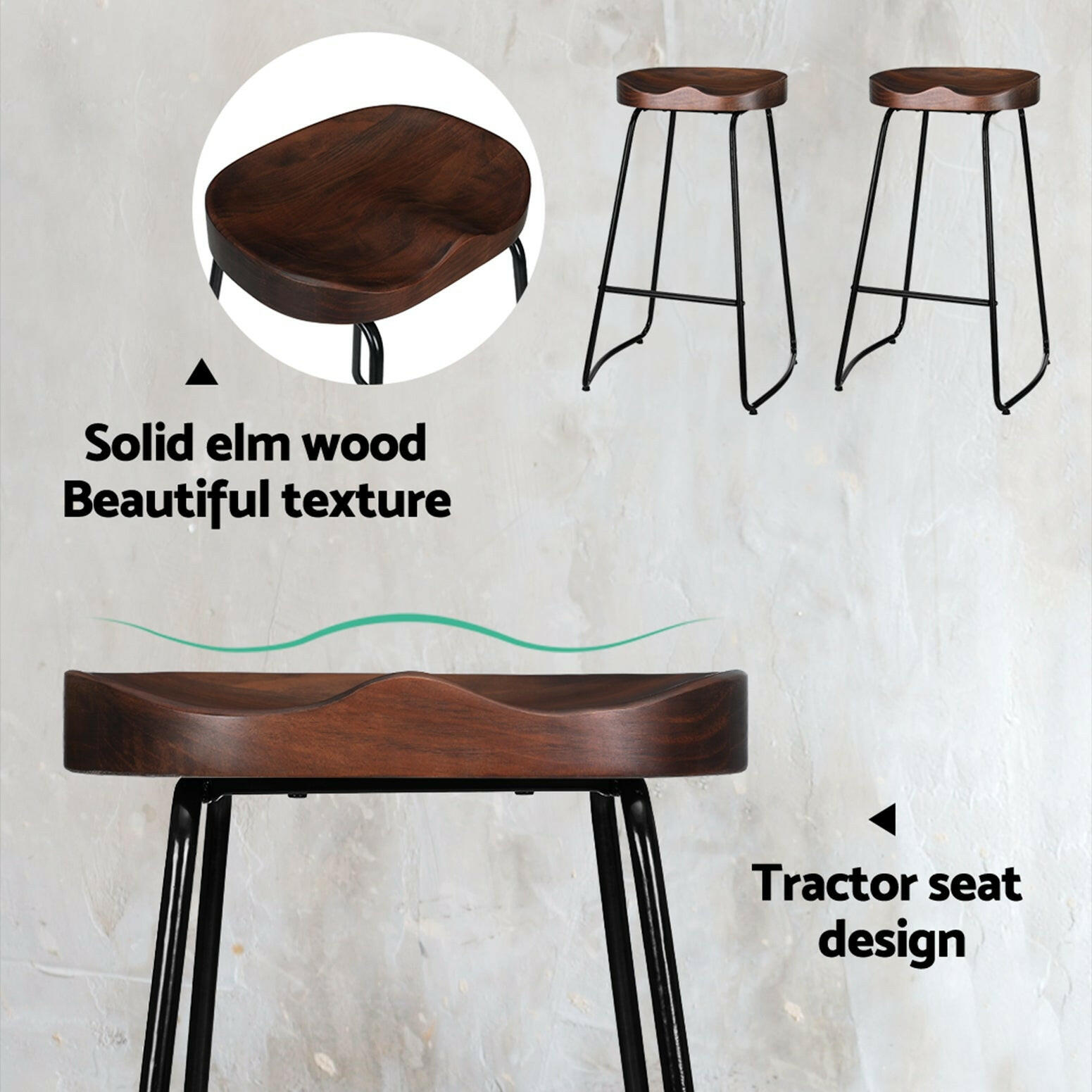 Thor Timber Tractor Seat Bar Stools 75cm Dark Wood (Set of 4) - Barstool Express