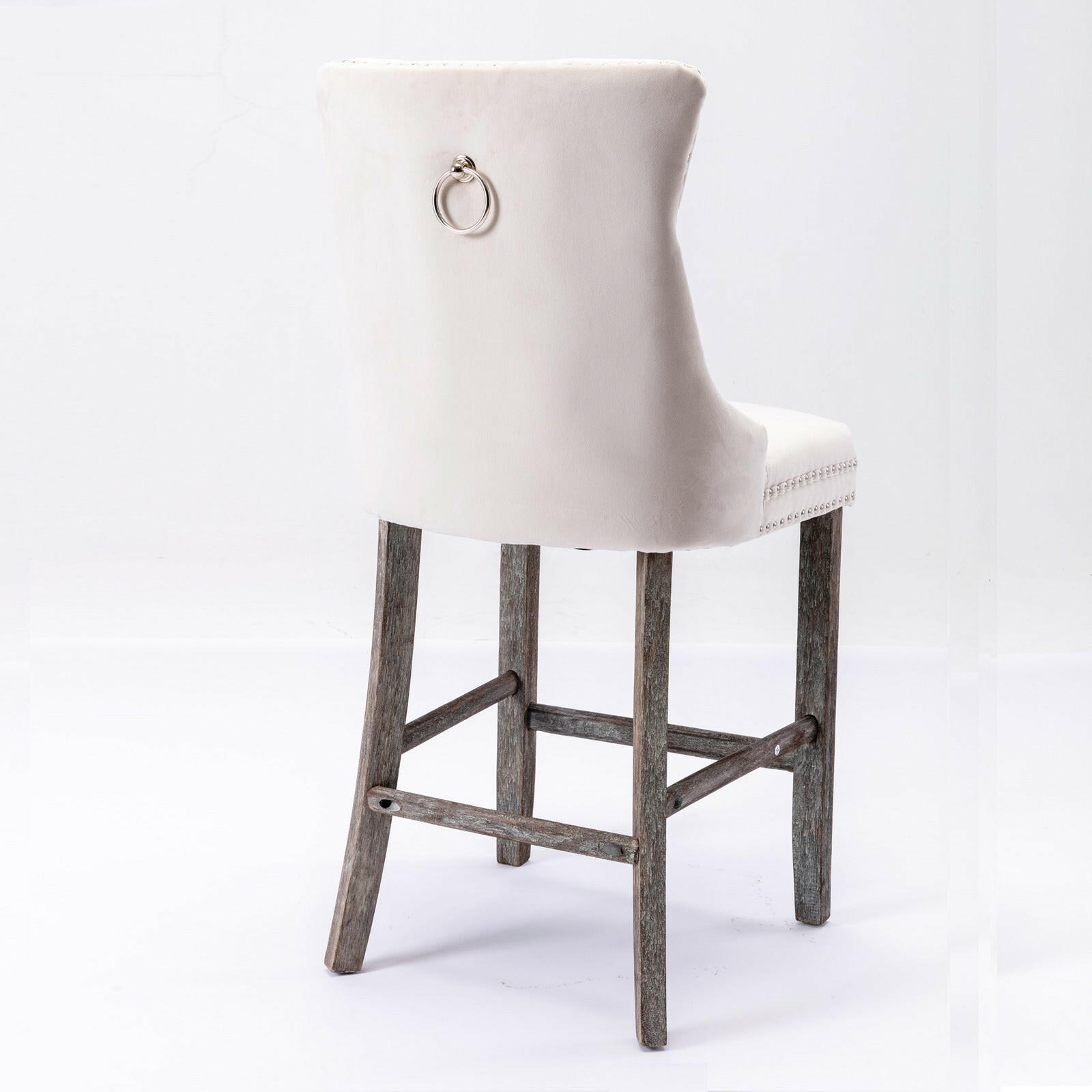 Ulma Velvet Stud Timber Frame Bar Stools 69cm Beige (Set of 2) - Barstool Express