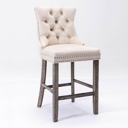 Ulma Velvet Stud Timber Frame Bar Stools 69cm Beige (Set of 2) - Barstool Express