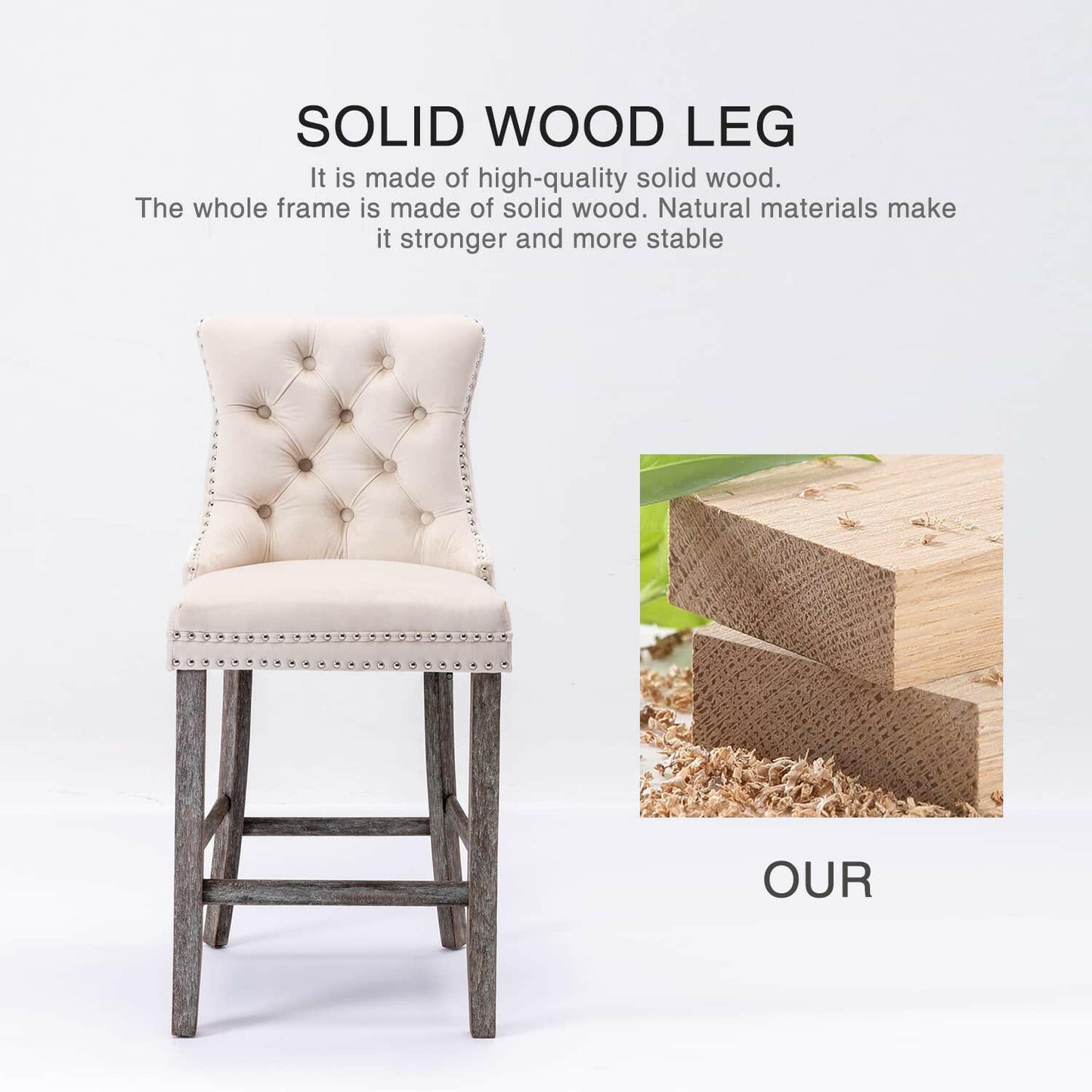 Ulma Velvet Stud Timber Frame Bar Stools 69cm Beige (Set of 2) - Barstool Express