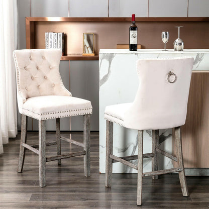Ulma Velvet Stud Timber Frame Bar Stools 69cm Beige (Set of 2) - Barstool Express