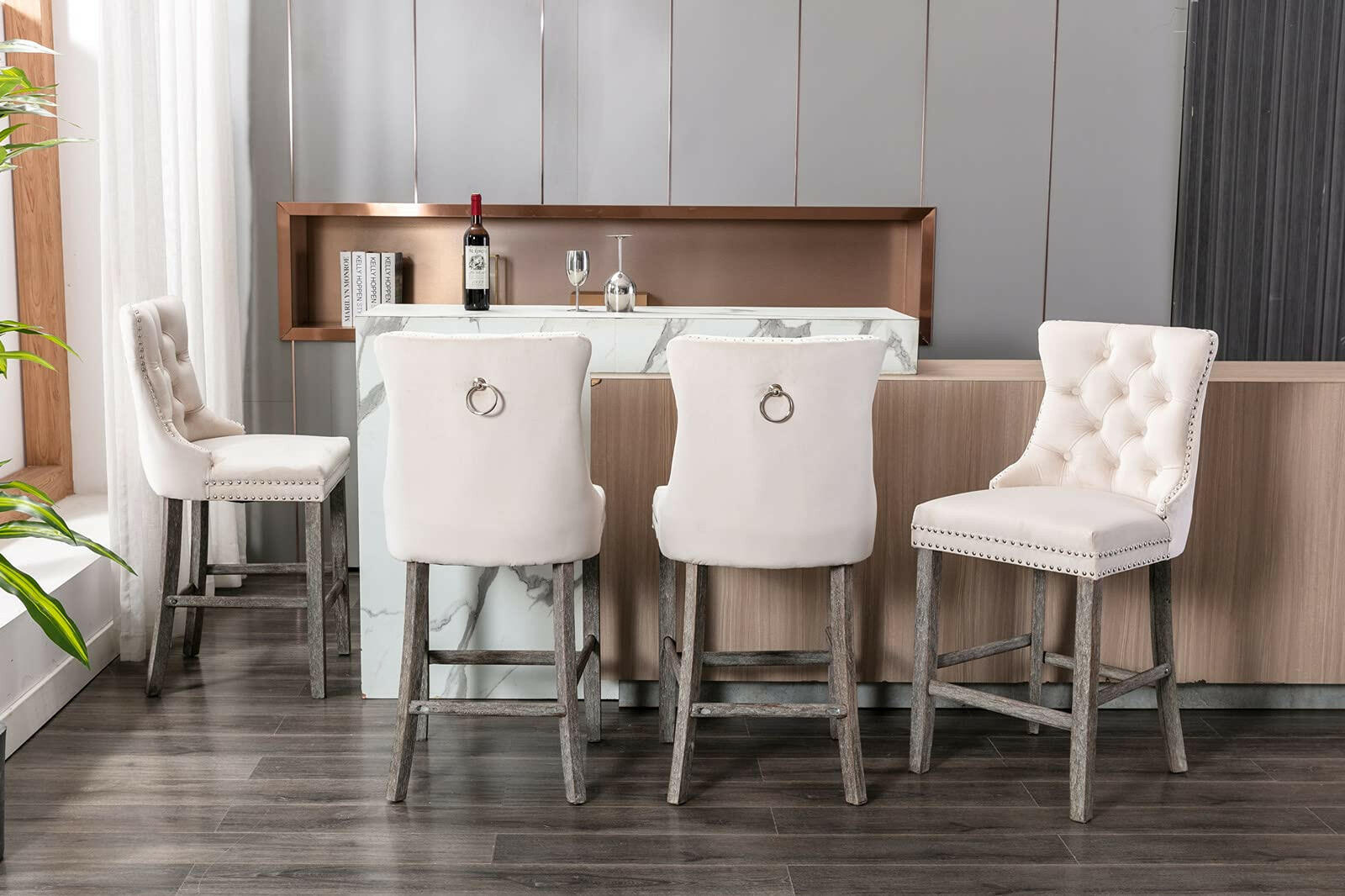 Ulma Velvet Stud Timber Frame Bar Stools 69cm Beige (Set of 2) - Barstool Express