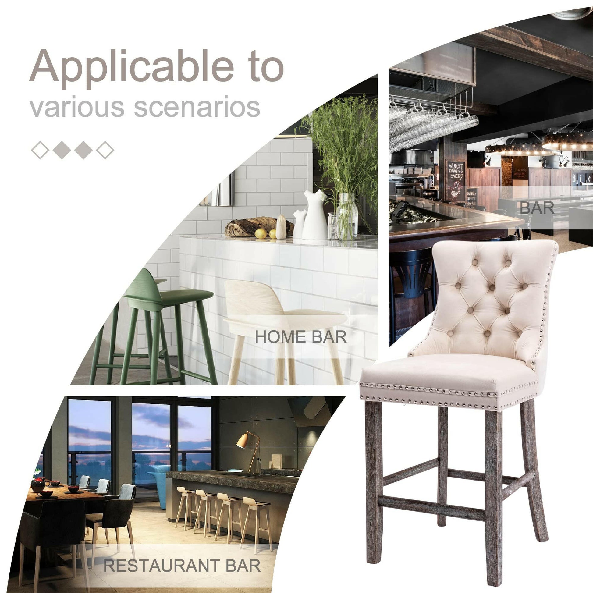 Ulma Velvet Stud Timber Frame Bar Stools 69cm Beige (Set of 2) - Barstool Express