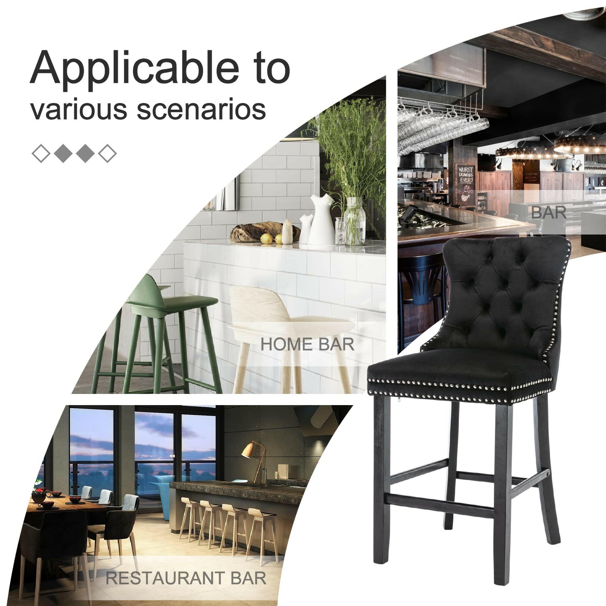 Ulma Velvet Stud Timber Frame Bar Stools 69cm Black (Set of 2) - Barstool Express