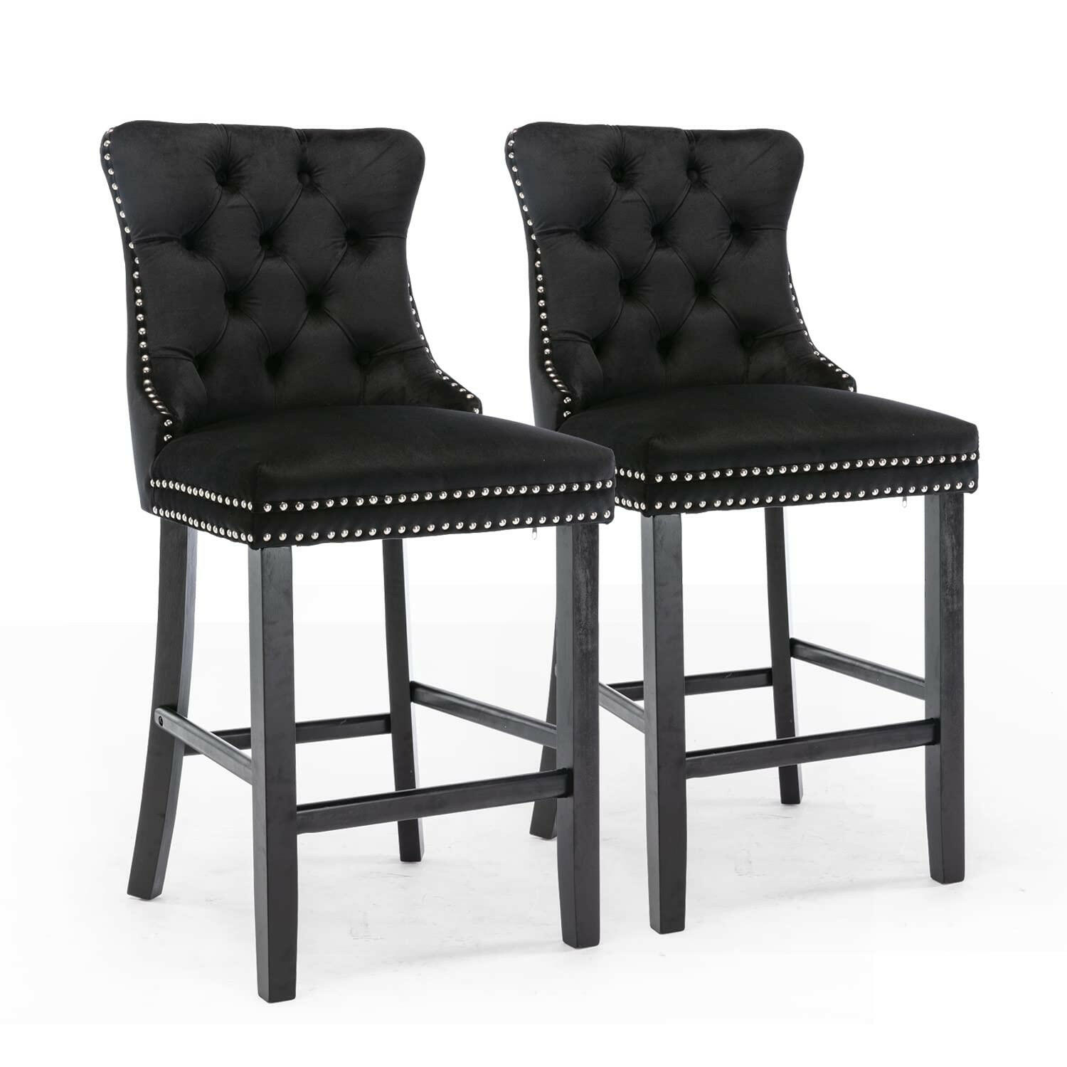 Ulma Velvet Stud Timber Frame Bar Stools 69cm Black (Set of 2) - Barstool Express