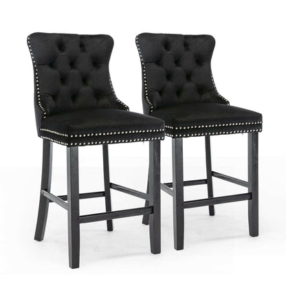 Ulma Velvet Stud Timber Frame Bar Stools 69cm Black (Set of 2) - Barstool Express