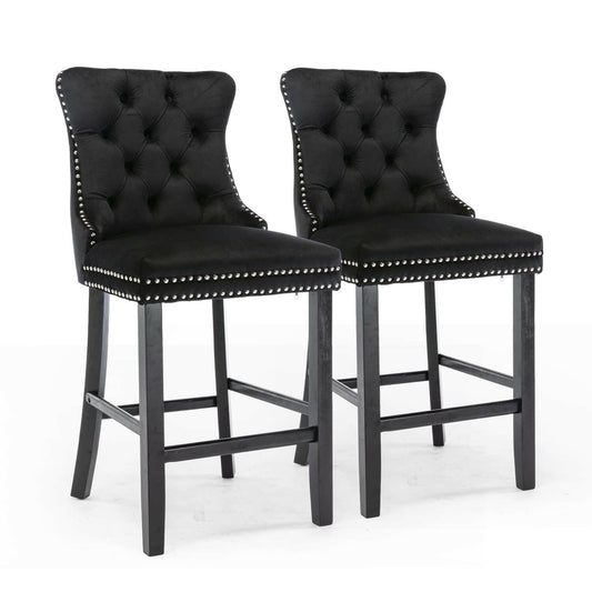 Ulma Velvet Stud Timber Frame Bar Stools 69cm Black (Set of 2) - Barstool Express