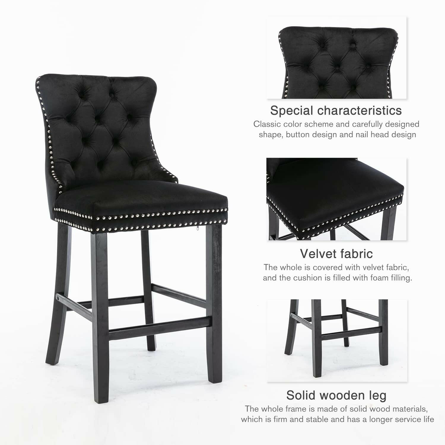 Ulma Velvet Stud Timber Frame Bar Stools 69cm Black (Set of 2) - Barstool Express