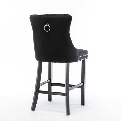 Ulma Velvet Stud Timber Frame Bar Stools 69cm Black (Set of 2) - Barstool Express