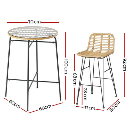 Wicker Bistro Dining Bar Set Natural (3 Piece) - Barstool Express