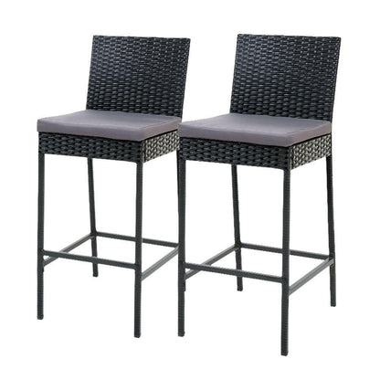 Wicker Outdoor Bar Stools with Grey Cushions 75.5cm Black (Set of 2) - Barstool Express
