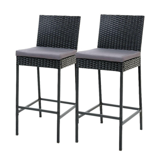 Wicker Outdoor Bar Stools with Grey Cushions 75.5cm Black (Set of 2) - Barstool Express