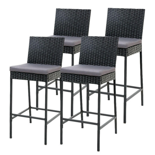 Wicker Outdoor Bar Stools with Grey Cushions 75.5cm Black (Set of 4) - Barstool Express
