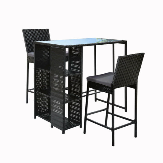 Wicker Outdoor Bistro Dining Bar Set – Black with Grey Cushions (3 Piece) - Barstool Express