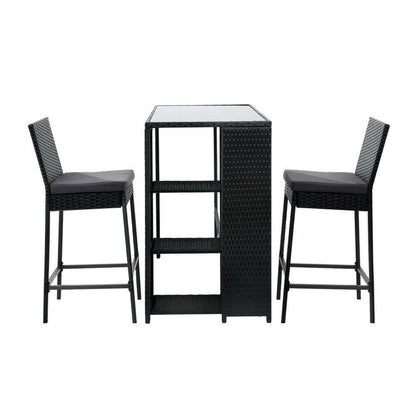 Wicker Outdoor Bistro Dining Bar Set – Black with Grey Cushions (3 Piece) - Barstool Express