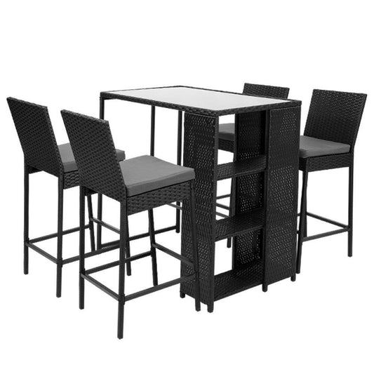 Wicker Outdoor Bistro Dining Bar Set – Black with Grey Cushions (5 Piece) - Barstool Express