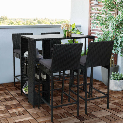 Wicker Outdoor Bistro Dining Bar Set – Black with Grey Cushions (5 Piece) - Barstool Express