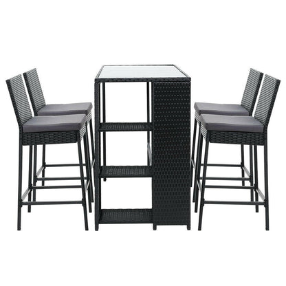 Wicker Outdoor Bistro Dining Bar Set – Black with Grey Cushions (5 Piece) - Barstool Express